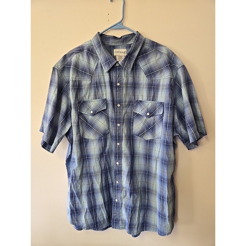 John Blair 2XL Short Sleeve Western‎ Shirt Plaid Blue Cotton Blend Ranch Pearl